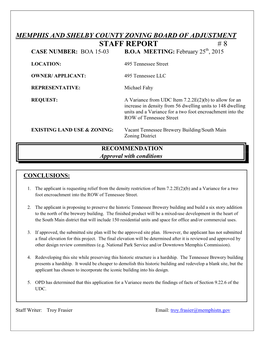 MEMPHIS and SHELBY COUNTY ZONING BOARD of ADJUSTMENT STAFF REPORT # 8 CASE NUMBER: BOA 15-03 B.O.A MEETING: February 25Th, 2015