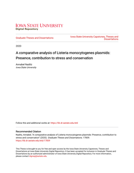 A Comparative Analysis of Listeria Monocytogenes Plasmids: Presence, Contribution to Stress and Conservation