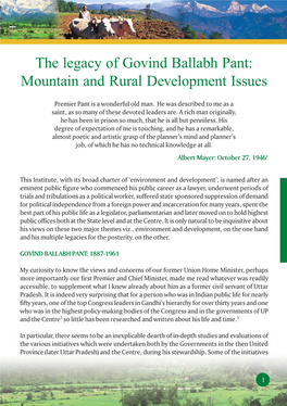 The Legacy of Govind Ballabh Pant: Mountain and Rural Development Issues