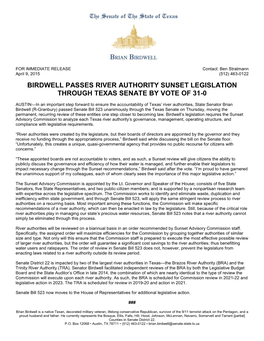 Birdwell Passes River Authority Sunset Legislation Through Texas Senate by Vote of 31-0