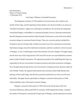 Richardson 1 Sean Richardson History of Eastern Europe 13 December 2019 Imre Nagy's Influence on Goulash Economics the Hungari