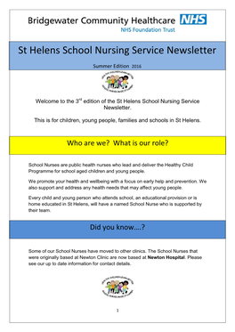 St Helens School Nursing Service Newsletter