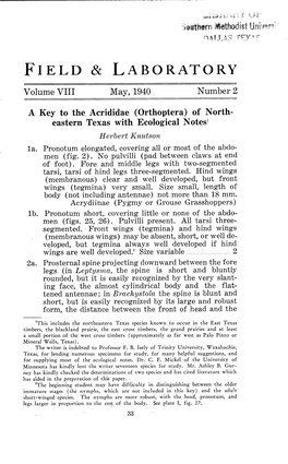 A Key to the Acrididae (Orthoptera) of Northh Eastern Texas with Ecological Notes' Herbert Knutson La