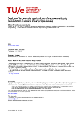 Design of Large Scale Applications of Secure Multiparty Computation : Secure Linear Programming