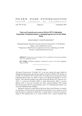 P O L S K I E P I S M O E N T O M O L O G I C Z N E Notes on Pseudachorutes Pratensis RUSEK 1973 (Collembola: Neanuridae: Pseud