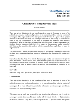 African Edition 2012 Vol 6 (1) Characteristics of the Botswana Press