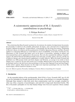 A Scientometric Appreciation of H. J. Eysenck's Contributions to Psychology