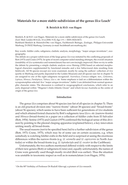 Materials for a More Stable Subdivision of the Genus Uca Leach1