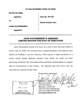 John Fautenberry's Amended Limited Motion for Stay of Execution