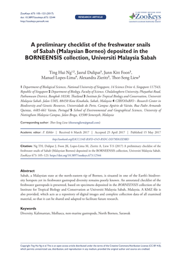 A Preliminary Checklist of the Freshwater Snails of Sabah (Malaysian Borneo) Deposited in the BORNEENSIS Collection, Universiti Malaysia Sabah