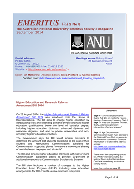 EMERITUS Vol 5 No 8 the Australian National University Emeritus Faculty E-Magazine September 2014