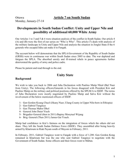 Article 7 on South Sudan Developments in South Sudan Conflict: Unity and Upper Nile and Possibility of Additional 60,000 White A