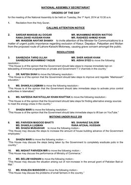 National Assembly Secretariat Orders of The