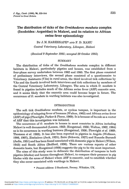 The Distribution of Ticks of the Ornithodoros Moubata Complex (Ixodoidea: Argasidae) in Malawi, and Its Relation to African Swine Fever Epizootiology by J