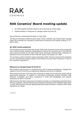 RAK Ceramics' Board Meeting Update