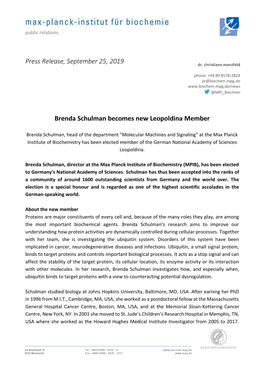 Press Release, September 25, 2019 Brenda Schulman Becomes New