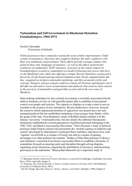 Nationalism and Self-Government in Rhodesian Detention: Gonakudzingwa, 1964-1974