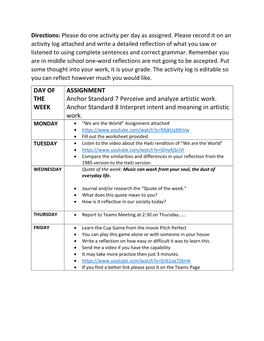 DAY of the WEEK ASSIGNMENT Anchor Standard 7 Perceive And