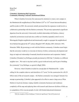 DRAFT 1 Brian Paul 2/28/10 Columbia's Manhattanville Expansion