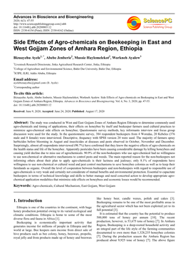 Side Effects of Agro-Chemicals on Beekeeping in East and West Gojjam Zones of Amhara Region, Ethiopia