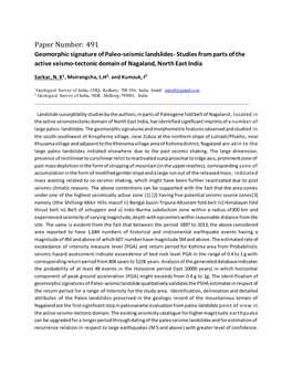 Paper Number: 491 Geomorphic Signature of Paleo-Seismic Landslides- Studies from Parts of the Active Seismo-Tectonic Domain of Nagaland, North East India