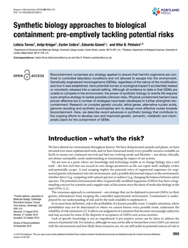 Synthetic Biology Approaches to Biological Containment: Pre-Emptively Tackling Potential Risks