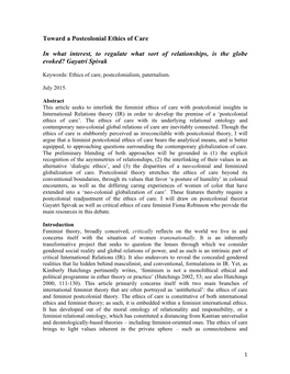 Toward a Postcolonial Ethics of Care in What Interest, to Regulate What Sort of Relationships, Is the Globe Evoked? Gayatri Spiv