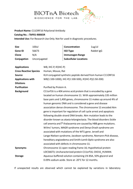 C11ORF16 Polyclonal Antibody Catalog No. : TAP01-90065R Intended Use: for Research Use Only