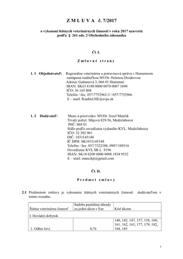 Zmluva Č. 7/2017 O Vykonaní Štátnych Veterinárnych Činností V Roku 2017