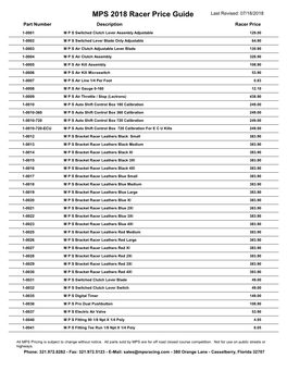 MPS 2018 Racer Price Guide Last Revised: 07/18/2018 Part Number Description Racer Price