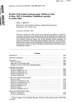 Revision of the Isopod Crustacean Genus Mothocya Costa, P4 M Hope, 1851 (Cymothoidae: Flabellifera), Parasitic © on Marine Fishes R- O G-> NIEL L