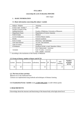 SYLLABUS Concerning the Cycle of Education 2020-2026 (Date Range) 1. BASIC INFORMATION 1.1. Basic Information Concerning This S