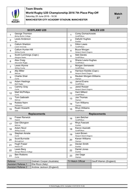 Team Sheets World Rugby U20 Championship 2016 7Th Place Play-Off Match Saturday 25 June 2016 - 16:30 27 MANCHESTER CITY ACADEMY STADIUM, MANCHESTER