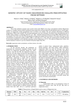 Kinetic Study of Nano-Magnesium Oxalate Precipitated from Bittern