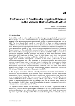 Performance of Smallholder Irrigation Schemes in the Vhembe District of South Africa