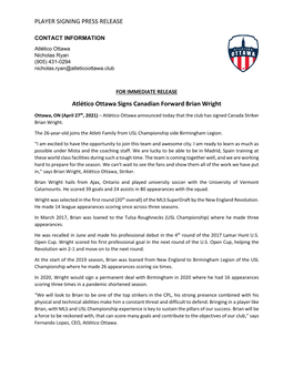 PLAYER SIGNING PRESS RELEASE Atlético Ottawa Signs