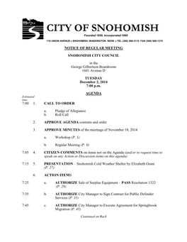 CITY of SNOHOMISH Founded 1859, Incorporated 1890