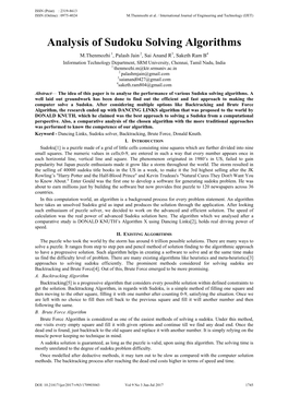 Analysis of Sudoku Solving Algorithms