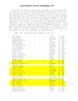 Early Residents of Exeter, Rockingham, NH