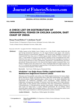 A Check List on Distribution of Ornamental Fishes in Chilika Lagoon, East Coast of India