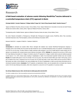 A Field Based Evaluation of Adverse Events Following Menafrivac®Vaccine Delivered in a Controlled Temperature Chain (CTC) Approach in Benin