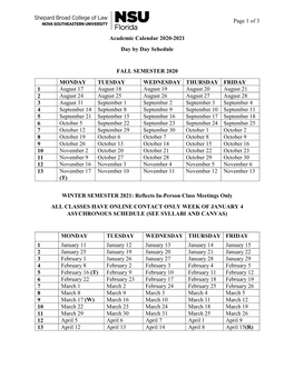 Academic Calendar 2020-2021 Day by Day Schedule