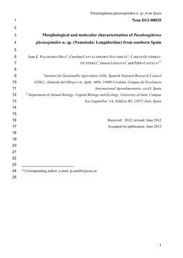 Paralongidorus Plesioepimikis N. Sp. from Spain 1 Nem D12-00035 2 3 Morphological and Molecular Characterisation of Paralongidorus 4 Plesioepimikis N