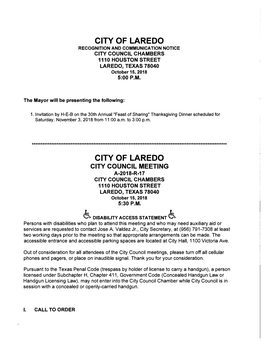 CITY of LAREDO CITY COUNCIL MEETING A-2018-R-17 CITY COUNCIL CHAMBERS 1110 HOUSTON STREET LAREDO, TEXAS 78040 October 15, 2018 5:30 P.M