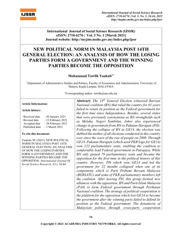 New Political Norm in Malaysia Post 14Th General Election: an Analysis of How the Losing Parties Form a Government and the Winning Parties Become the Opposition