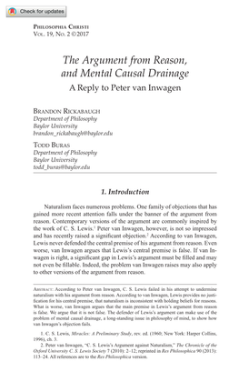 The Argument from Reason, and Mental Causal Drainage a Reply to Peter Van Inwagen