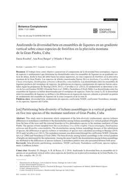 Analizando La Diversidad Beta En Ensambles De Líquenes En Un Gradiente Vertical Sobre Cinco Especies De Forófitos En La Pluvisila Montana De La Gran Piedra, Cuba