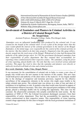 Involvement of Zamindars and Planters in Criminal Activities in a District of Colonial Bengal:Nadia Dr