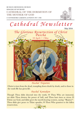 Cathedral Newsletter May 2016 the Glorious Resurrection of Christ Pascha 18 April / 1 May