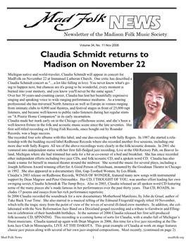 Claudia Schmidt Returns to Madison on November 22